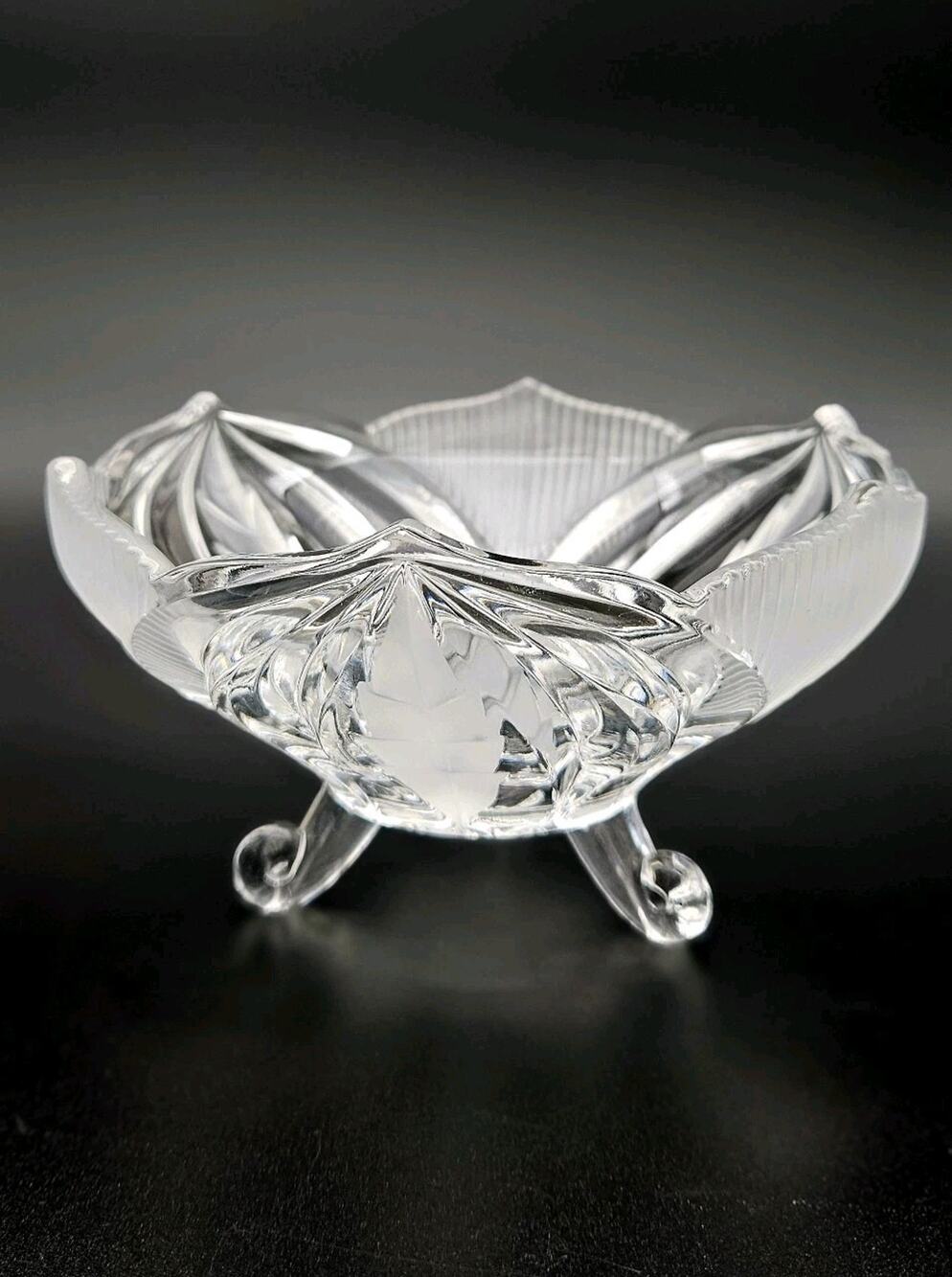 Novellette II 3-Footed Candy Dish Frosted Leaf Crystal Clear Industries Bowl 6"